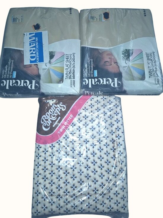 s-l400.jpg Montgomery Ward Percale Twin Flat Sheets & Room Concepts Fitted Sheet Set 50% Co